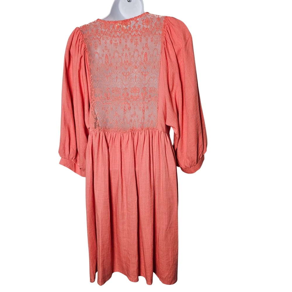 Umgee Split Neck Babydoll Mini Dress Women M Coral Embroidered Linen Blend - Picture 4 of 9